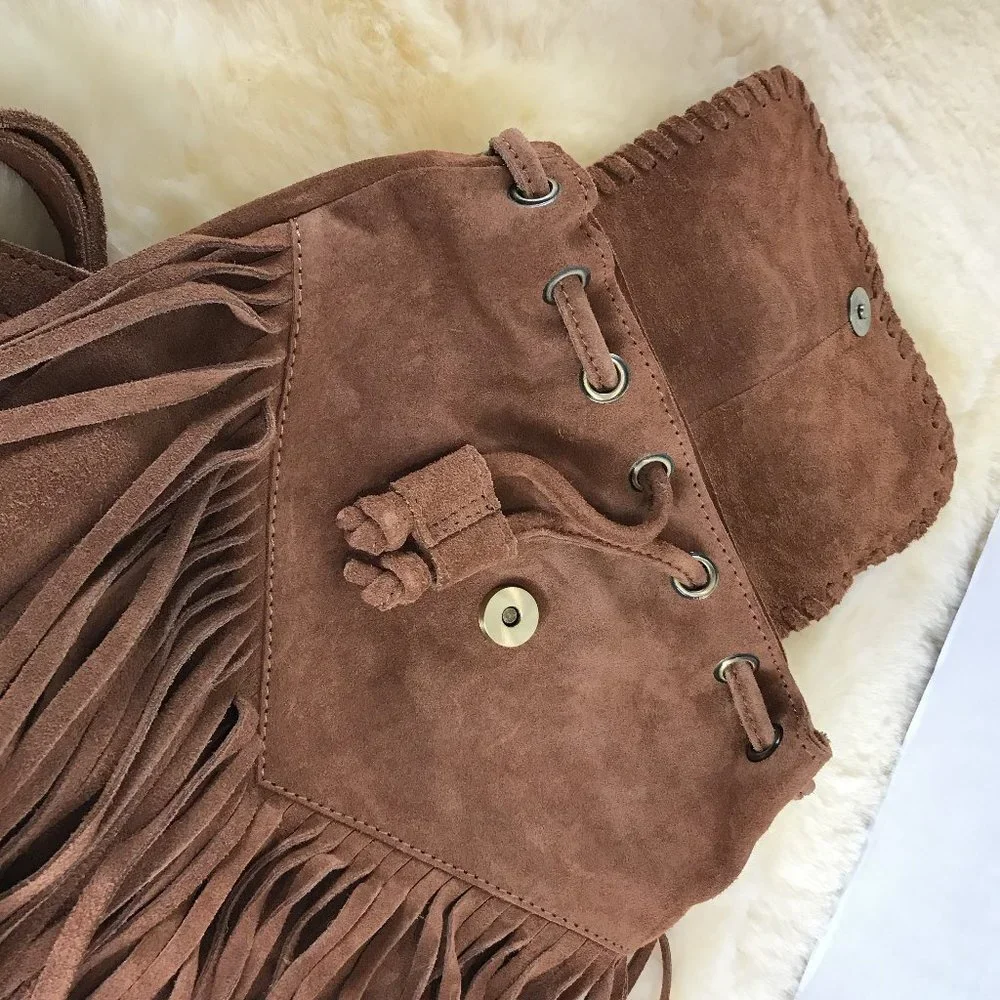 Sopresa tan suede leather fringe backpack